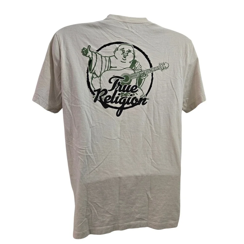 True Religion Men's XL Beige T-Shirt Buddha Guitar Graphic Horseshoe Sleeve Logo